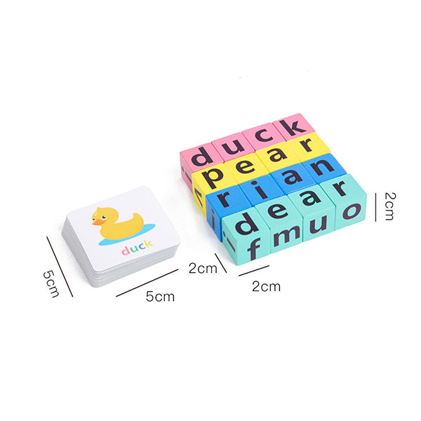 Juego de deletreo con bloques de madera y tarjetas ilustradas