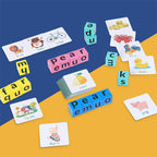 Juego de deletreo con bloques de madera y tarjetas ilustradas