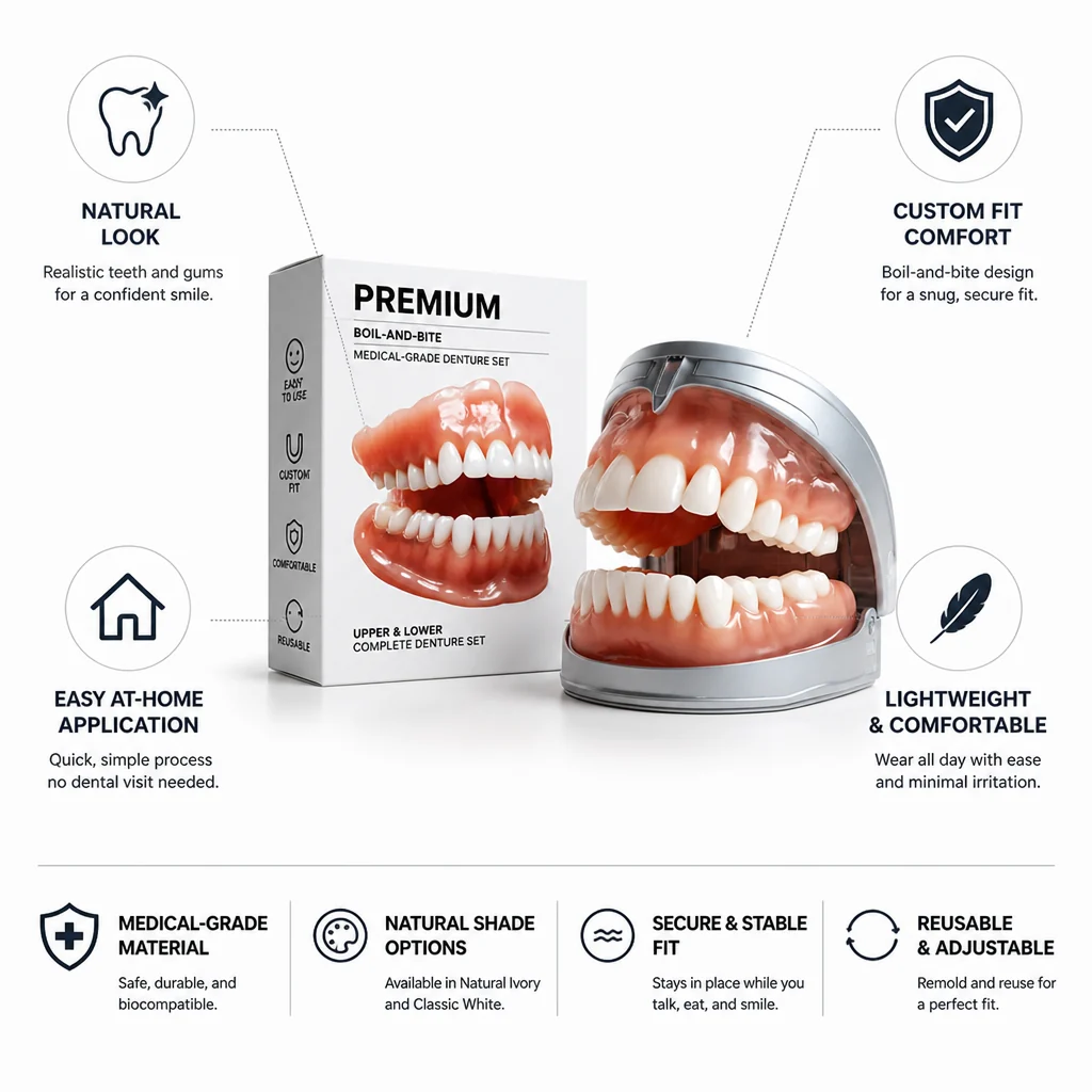 Juego de dentaduras de grado médico moldeables por calor (superior e inferior)