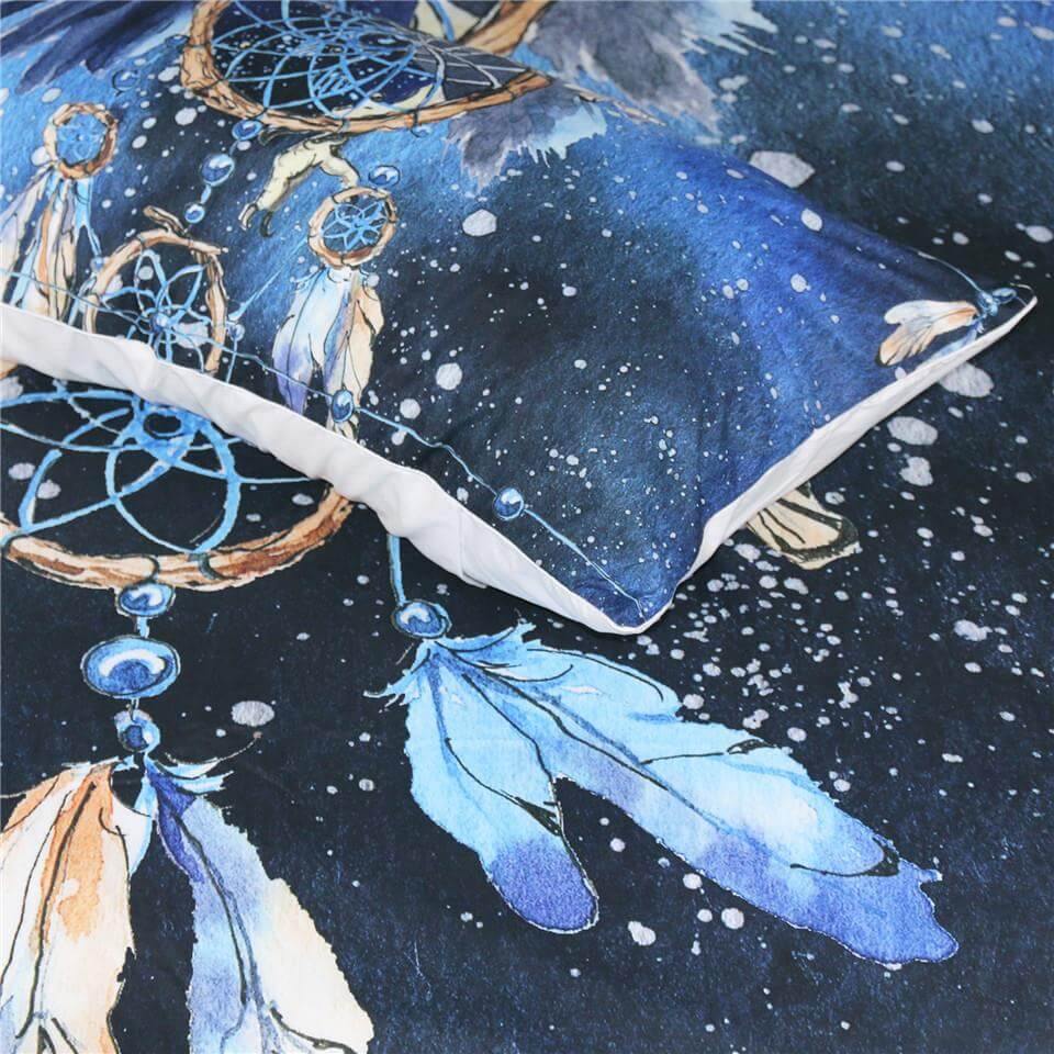 Juego de funda nórdica con diseño de atrapasueños y plumas azules — 3 piezas