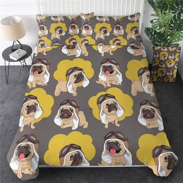 Juego de funda nórdica Pug hippie de dibujos animados – 3 piezas