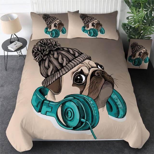 Juego de funda nórdica Pug hippie de dibujos animados – 3 piezas