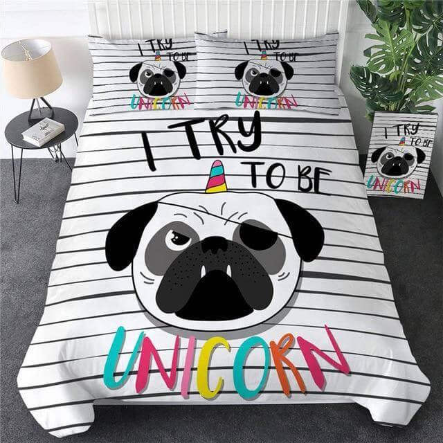 Juego de funda nórdica Pug hippie de dibujos animados – 3 piezas