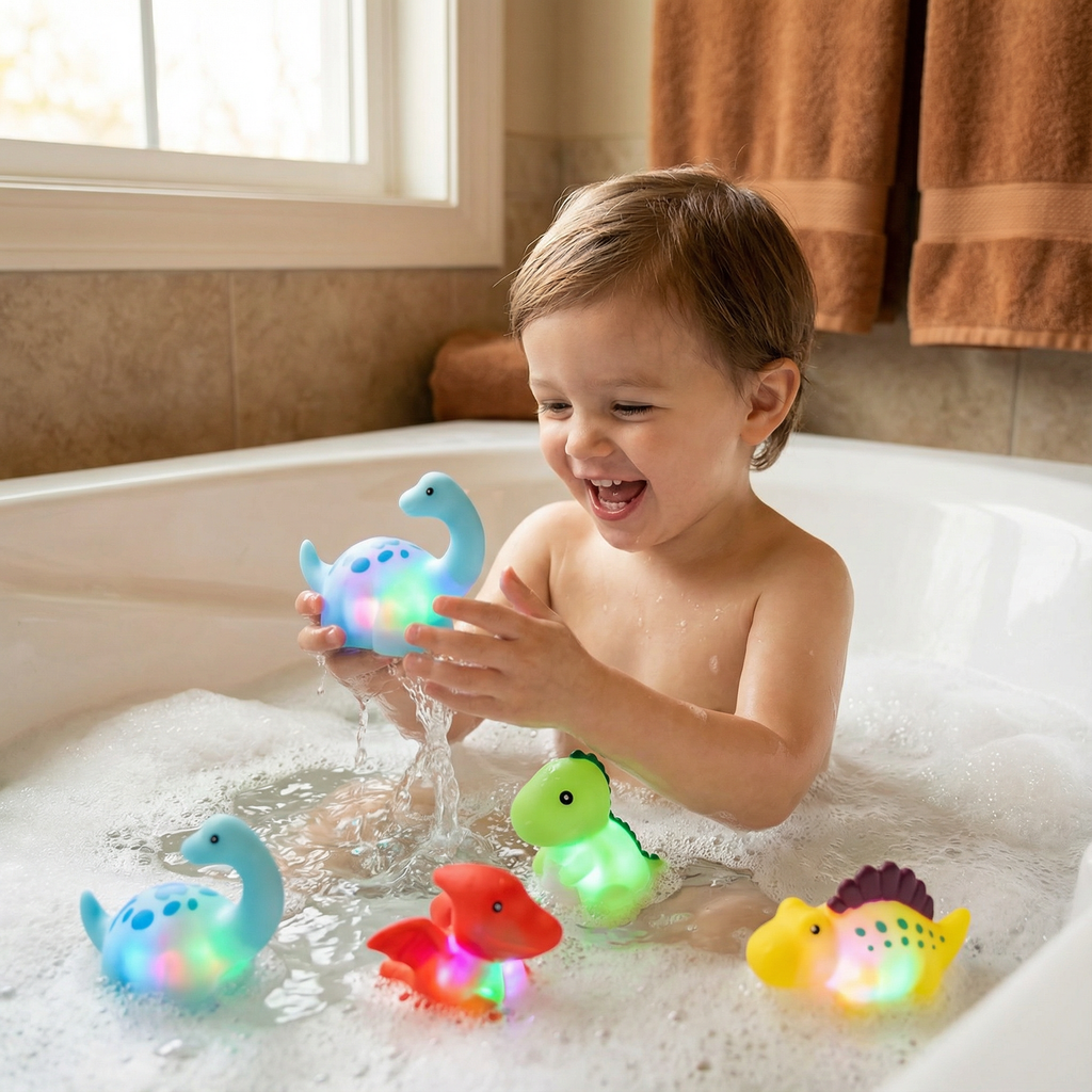 Juguete de baño dinosaurio luminoso con LED de colores para niños