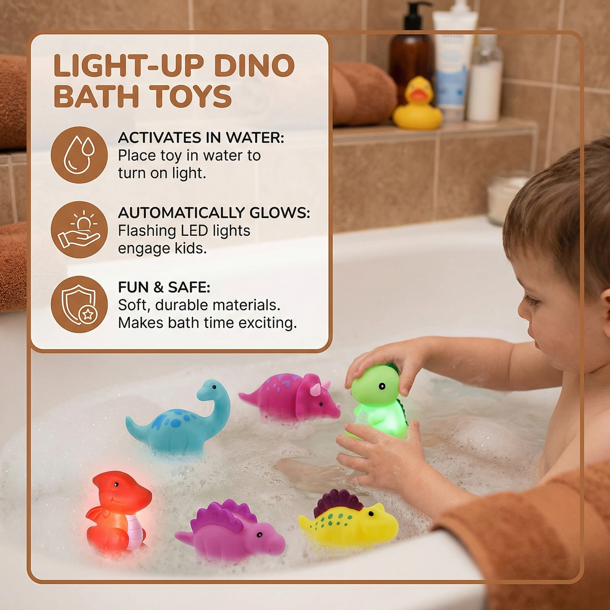 Juguete de baño dinosaurio luminoso con LED de colores para niños