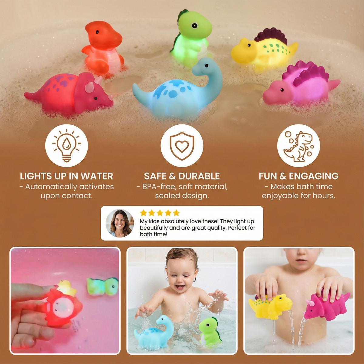 Juguete de baño dinosaurio luminoso con LED de colores para niños