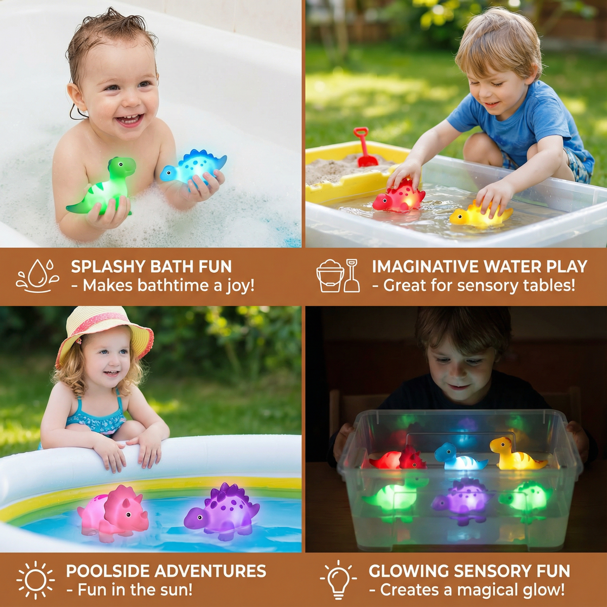 Juguete de baño dinosaurio luminoso con LED de colores para niños