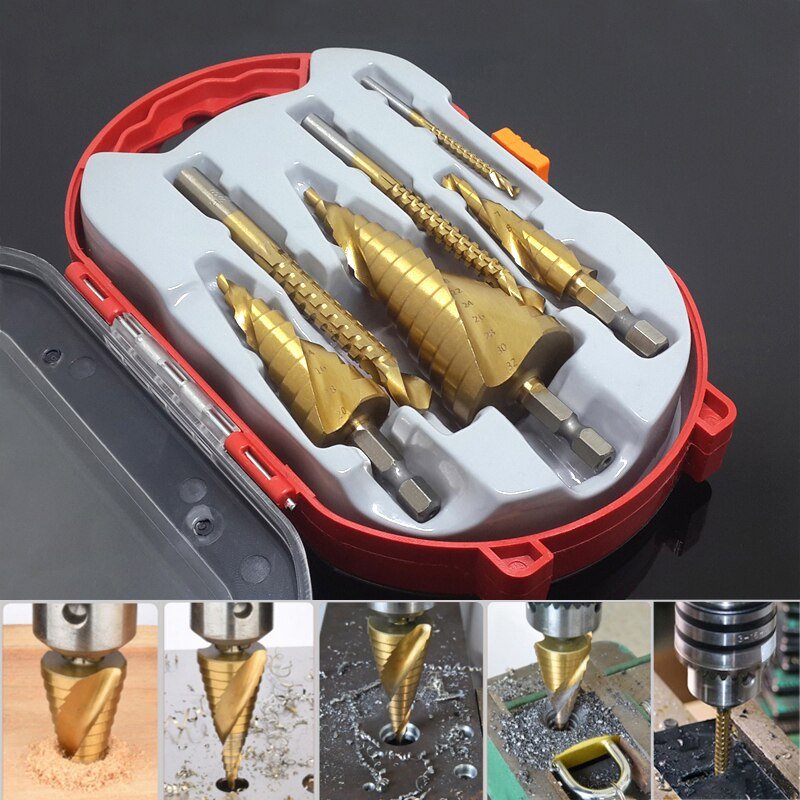 Kit de brocas escalonadas SpeedCut – Acero rápido con titanio para madera, plástico y metal