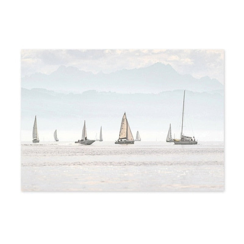 Lámina minimalista de velero náutico en paisaje de verano
