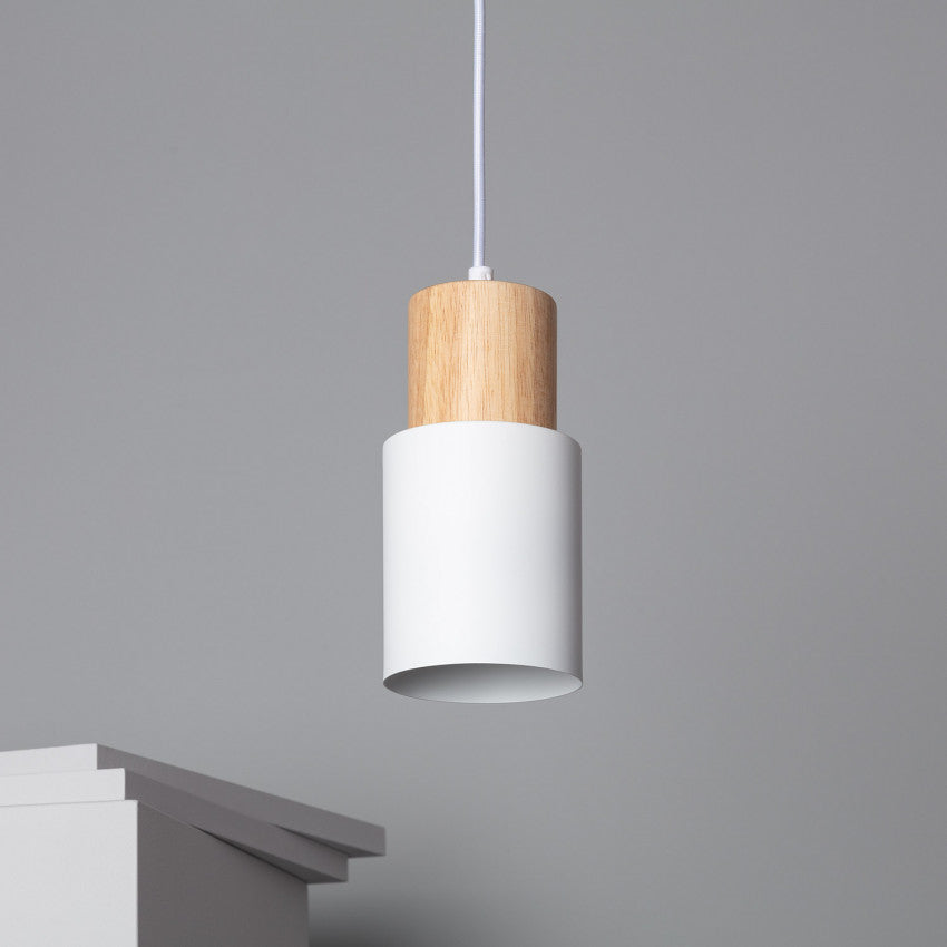 Lámpara colgante cilíndrica de madera y hierro negro