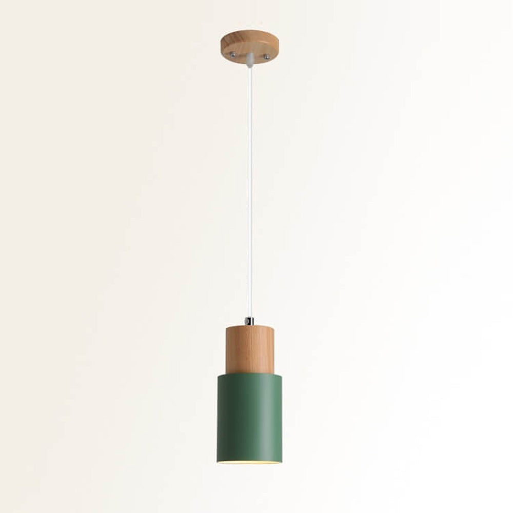 Lámpara colgante cilíndrica de madera y hierro negro