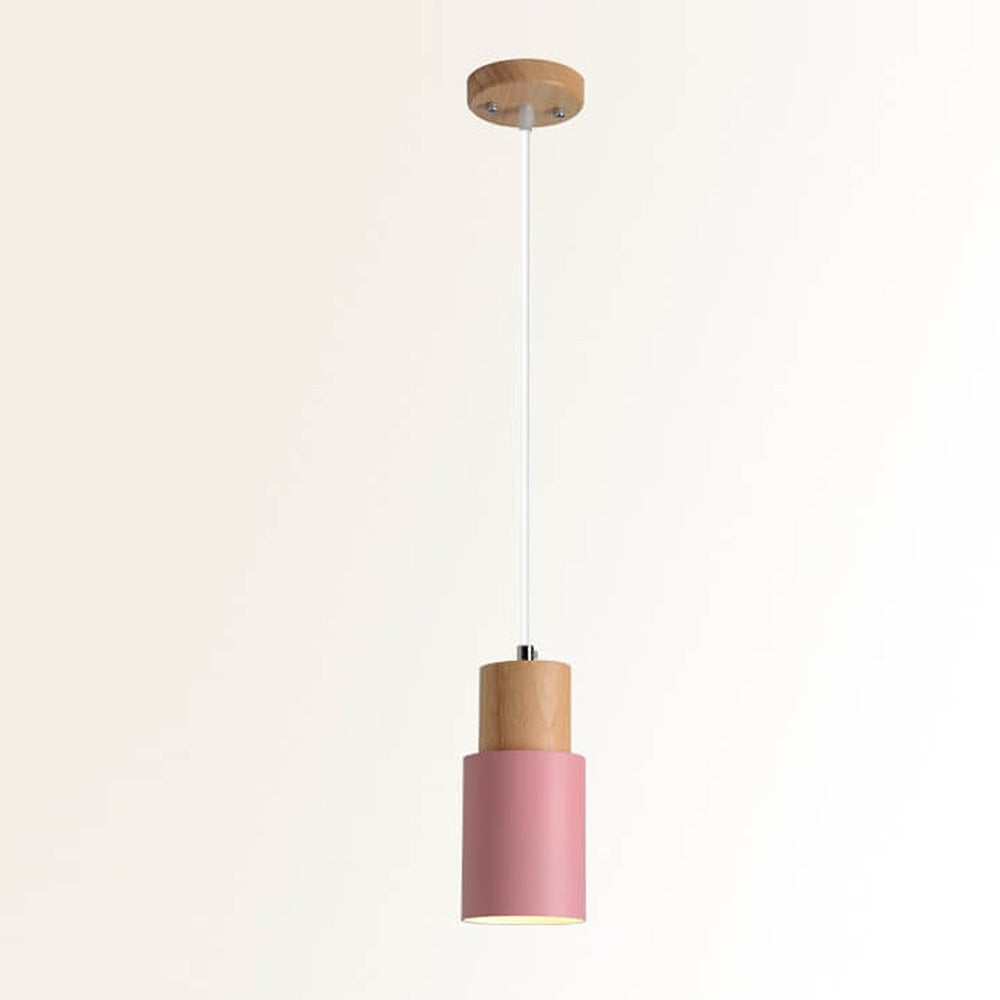 Lámpara colgante cilíndrica de madera y hierro negro