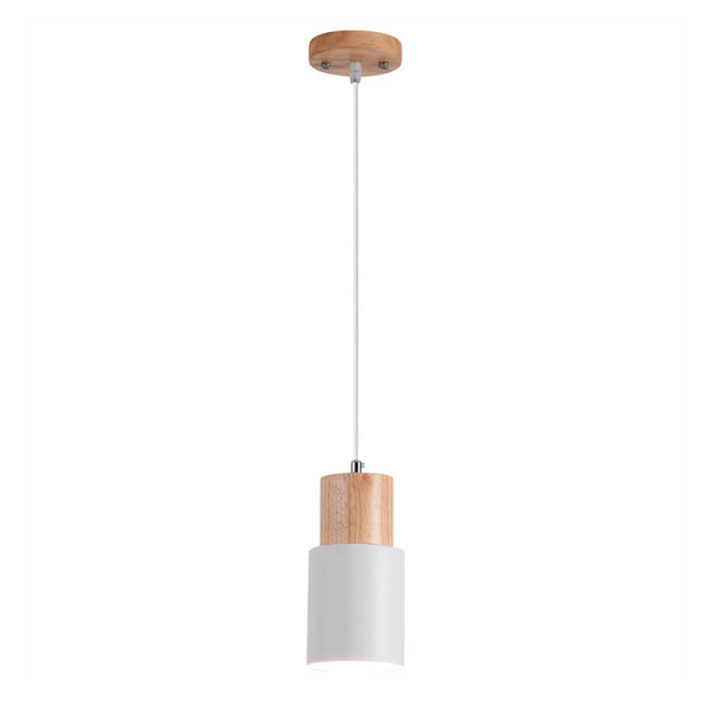 Lámpara colgante cilíndrica de madera y hierro negro