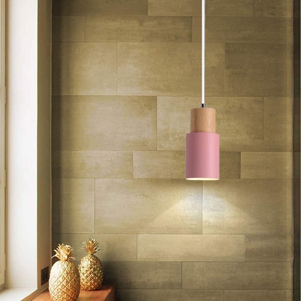 Lámpara colgante cilíndrica de madera y hierro negro