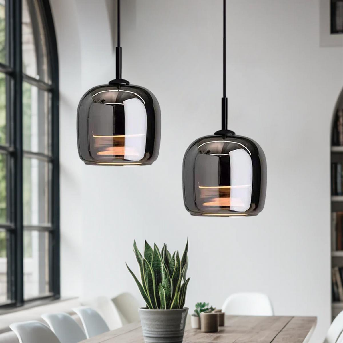 Lámpara colgante nórdica de cristal negro – Iluminación moderna para isla de cocina y comedor