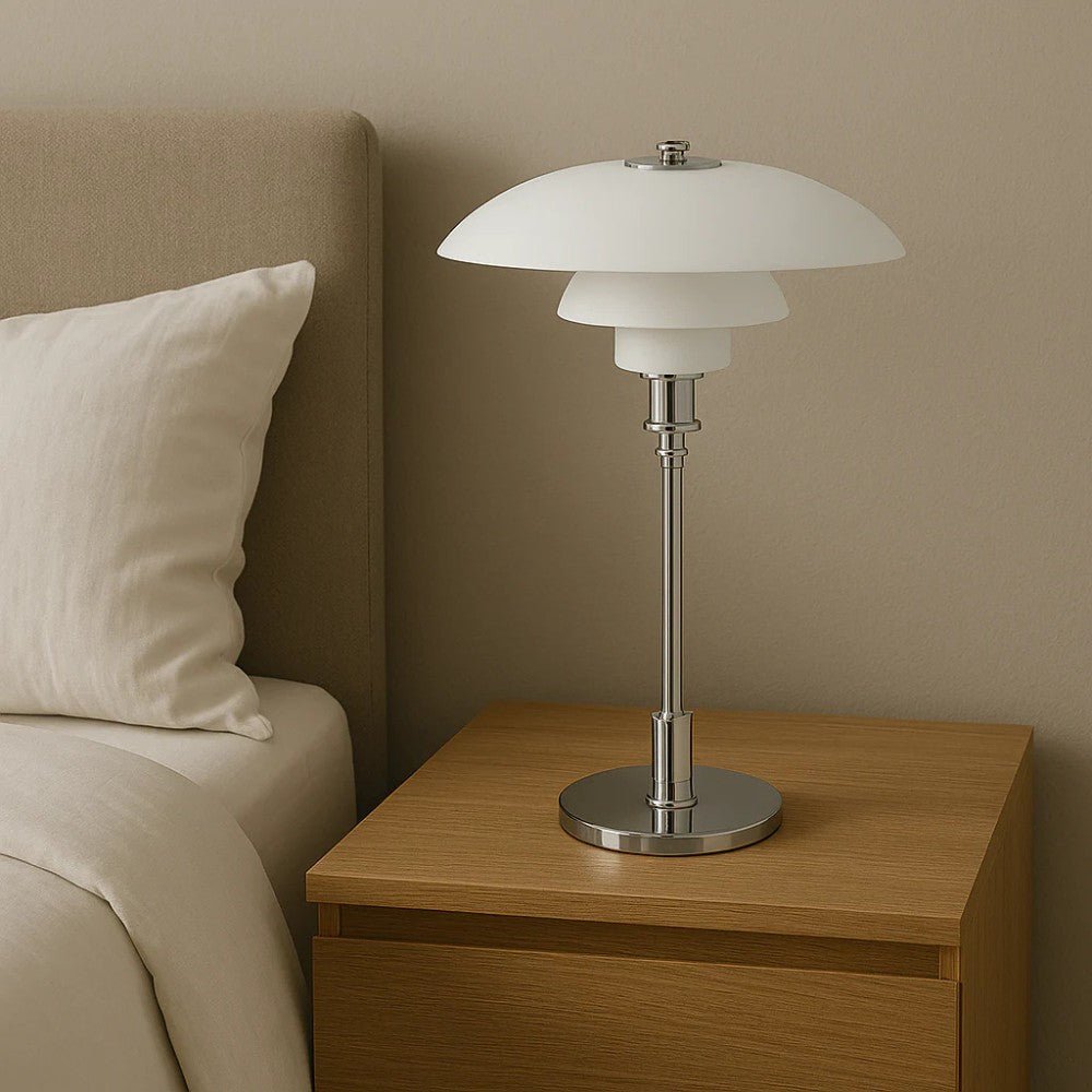 Lámpara de mesa de cristal con pantalla de tres niveles estilo nórdico, base de hierro dorada o plateada, casquillo E27 