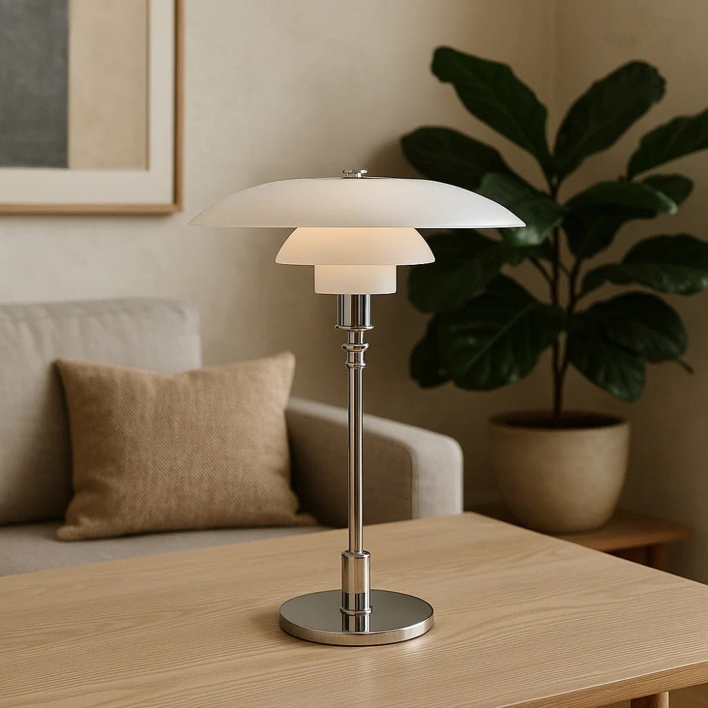 Lámpara de mesa de cristal con pantalla de tres niveles estilo nórdico, base de hierro dorada o plateada, casquillo E27 