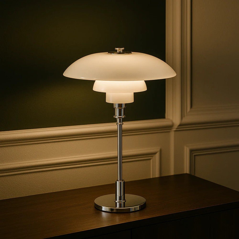 Lámpara de mesa de cristal con pantalla de tres niveles estilo nórdico, base de hierro dorada o plateada, casquillo E27 