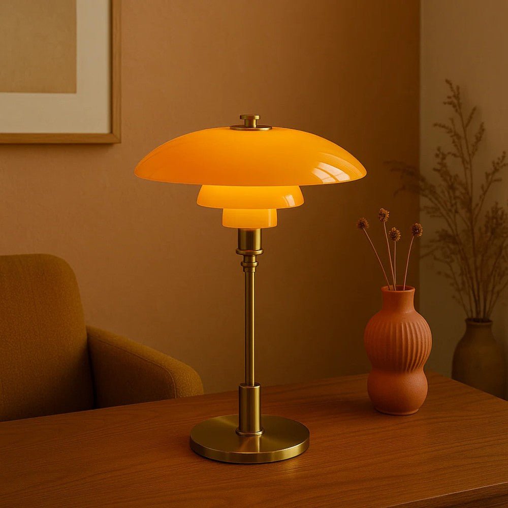 Lámpara de mesa de cristal con pantalla de tres niveles estilo nórdico, base de hierro dorada o plateada, casquillo E27 