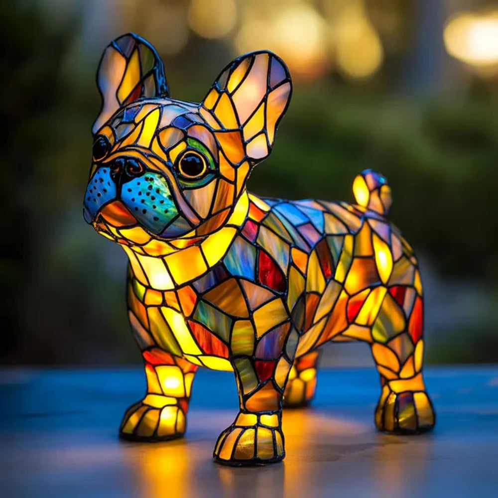 Lámpara de mesa perro estilo Tiffany | Diseño de bulldog francés en vidrio emplomado