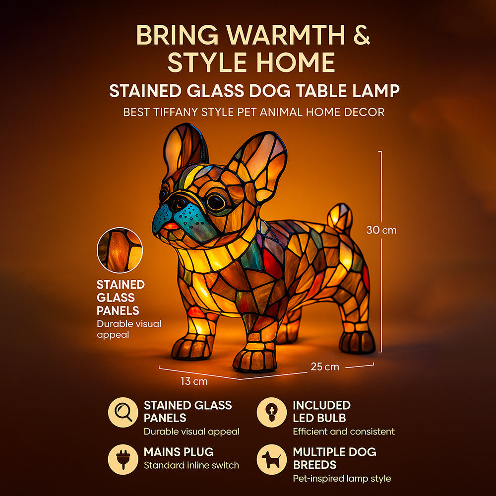 Lámpara de mesa perro estilo Tiffany | Diseño de bulldog francés en vidrio emplomado