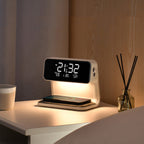 Lámpara de mesita 3 en 1 con cargador inalámbrico, despertador LCD y luz LED regulable táctil