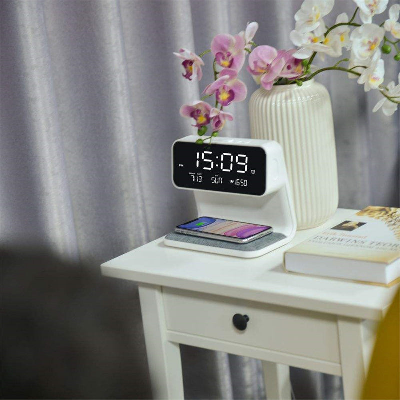 Lámpara de mesita 3 en 1 con cargador inalámbrico, despertador LCD y luz LED regulable táctil