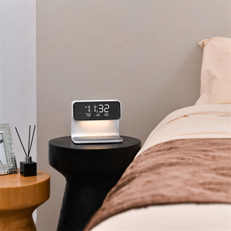 Lámpara de mesita 3 en 1 con cargador inalámbrico, despertador LCD y luz LED regulable táctil