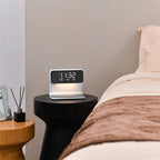 Lámpara de mesita 3 en 1 con cargador inalámbrico, despertador LCD y luz LED regulable táctil