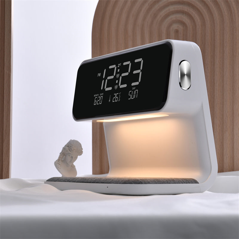 Lámpara de mesita 3 en 1 con cargador inalámbrico, despertador LCD y luz LED regulable táctil