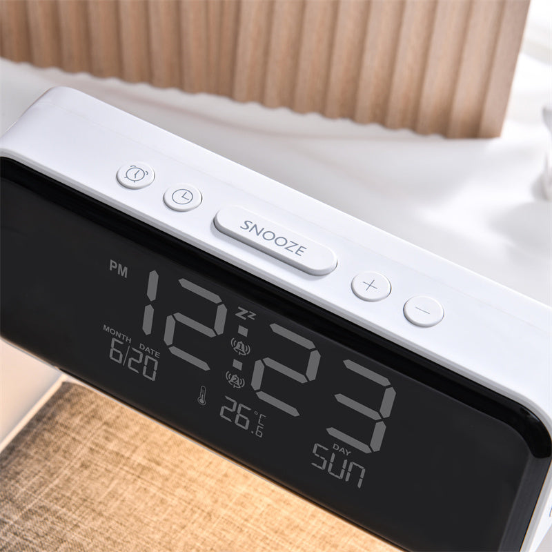 Lámpara de mesita 3 en 1 con cargador inalámbrico, despertador LCD y luz LED regulable táctil