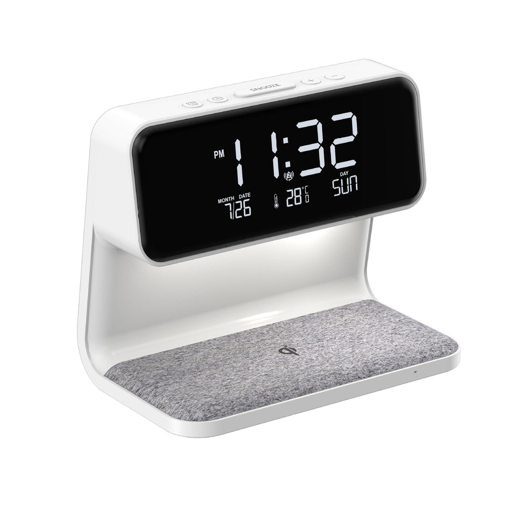Lámpara de mesita 3 en 1 con cargador inalámbrico, despertador LCD y luz LED regulable táctil
