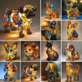Lámpara de noche perro de cristal emplomado, resina pintada a mano, USB, 17 cm
