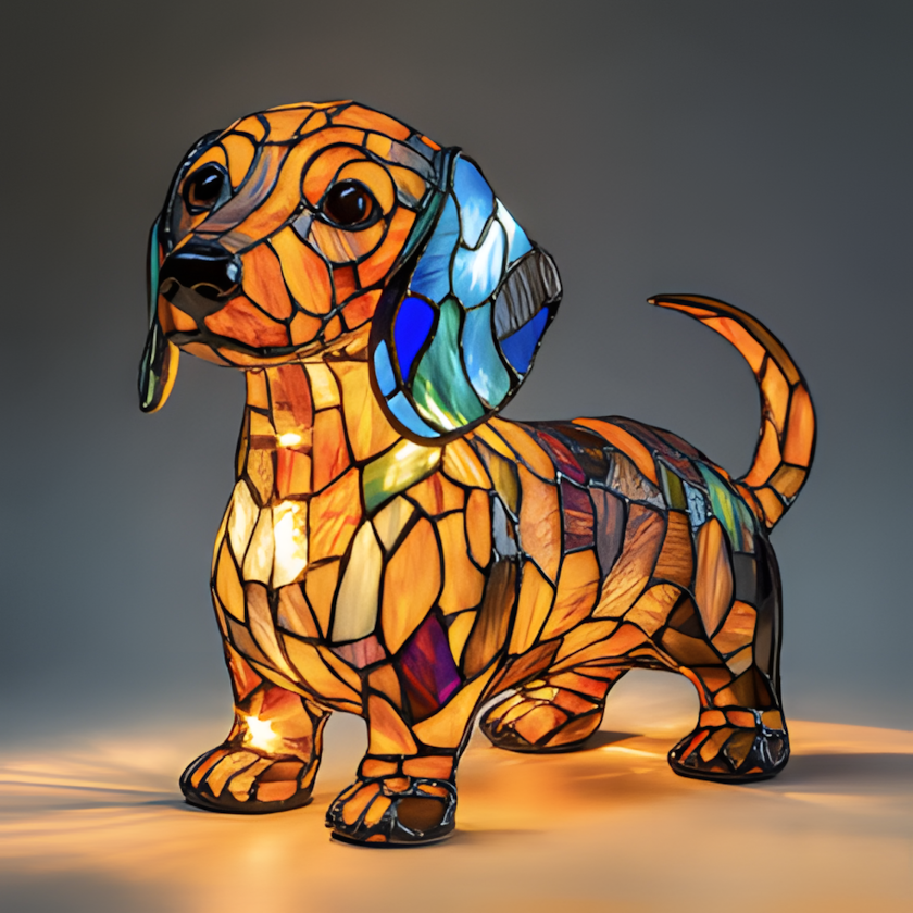 Lámpara de noche perro de cristal emplomado, resina pintada a mano, USB, 17 cm