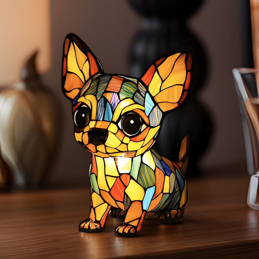 Lámpara de noche perro de cristal emplomado, resina pintada a mano, USB, 17 cm