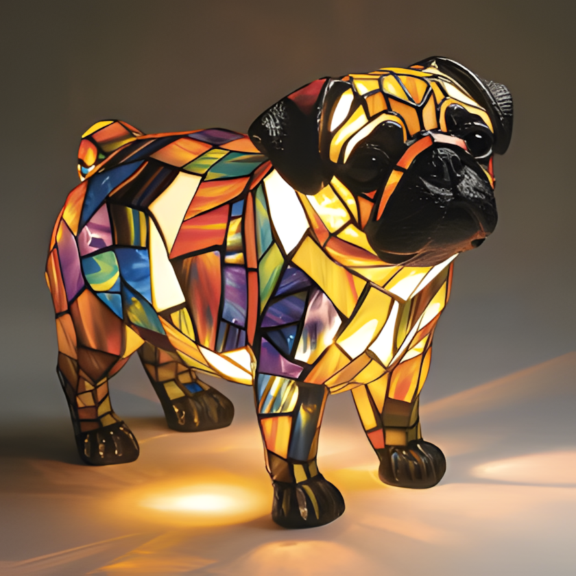Lámpara de noche perro de cristal emplomado, resina pintada a mano, USB, 17 cm