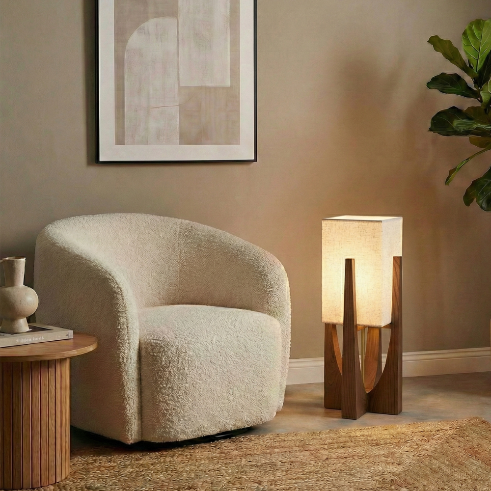 Lámpara de pie Wabi Sabi con pantalla de tela y base de madera para salón