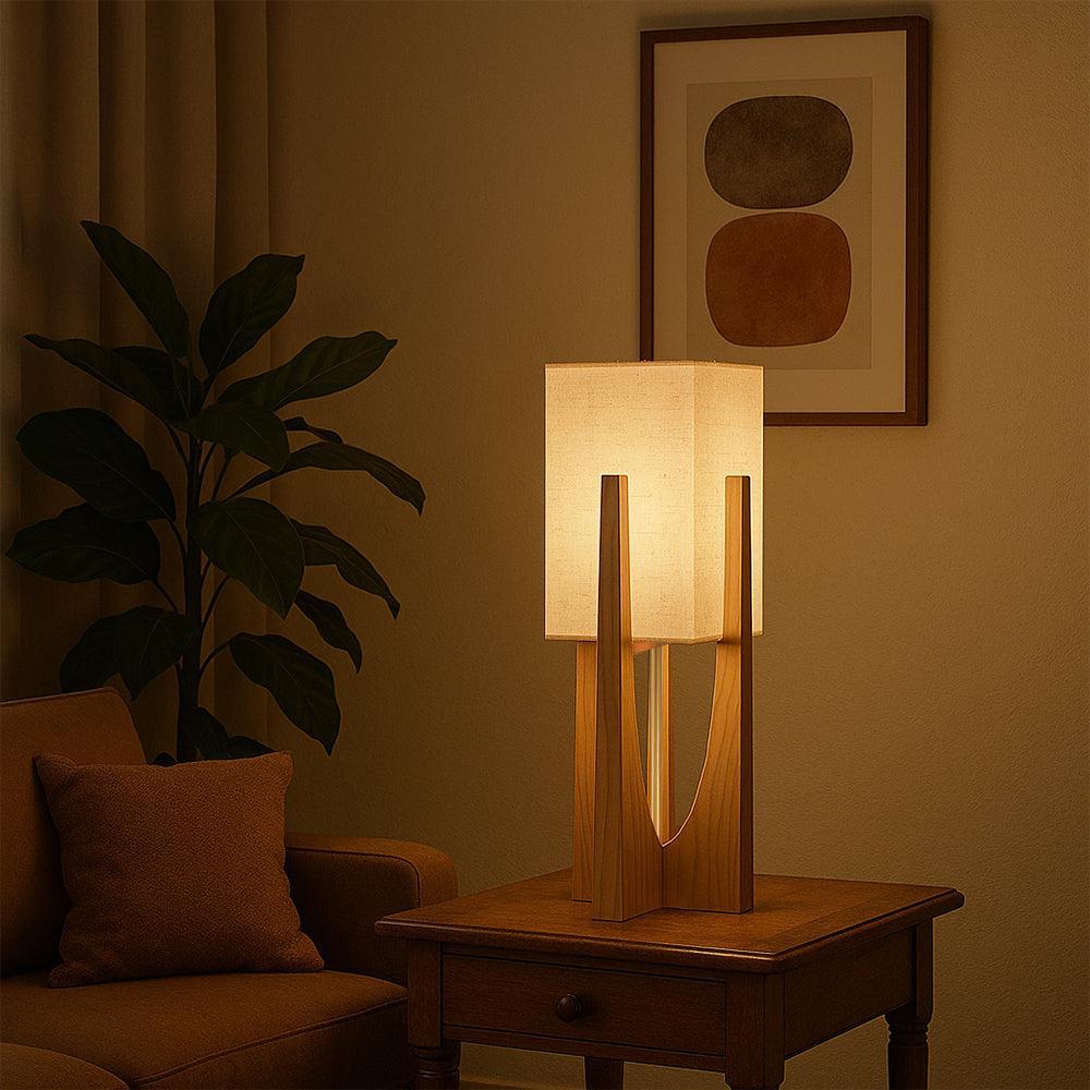 Lámpara de pie Wabi Sabi con pantalla de tela y base de madera para salón