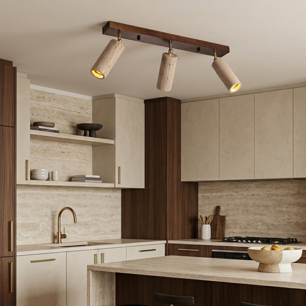 Lámpara de techo industrial de madera y hormigón con focos ajustables