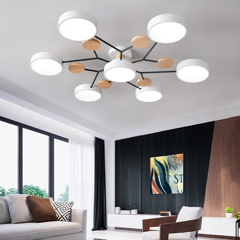 Lámpara de techo LED moderna de diseño molecular escandinavo, hierro, acrílico y madera, 4 a 7 luces, luz blanca cálida 