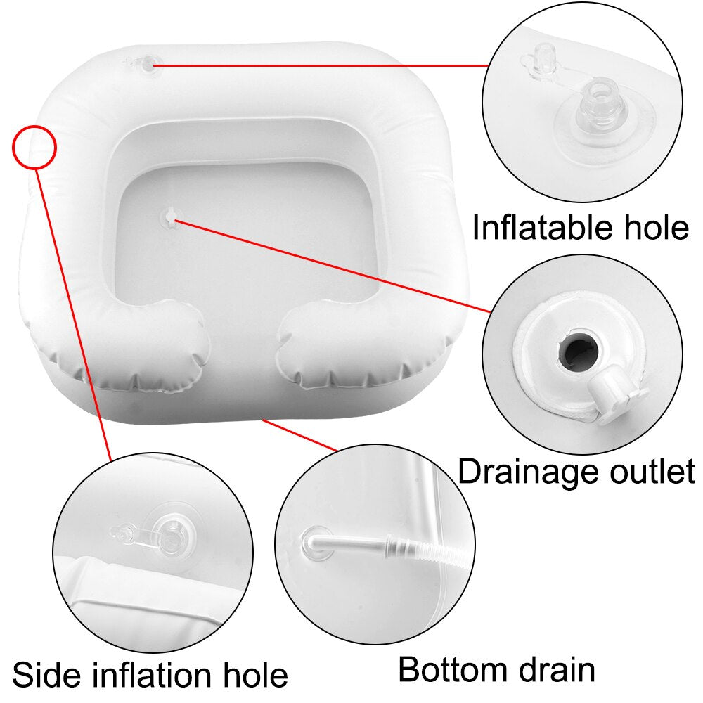 Lavacabezas hinchable con desagüe integrado para cama