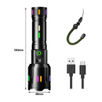 Linterna LED recargable con indicador de batería, rompevidrios y USB-C
