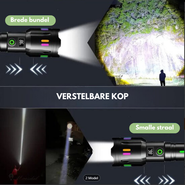 Linterna LED recargable con indicador de batería, rompevidrios y USB-C