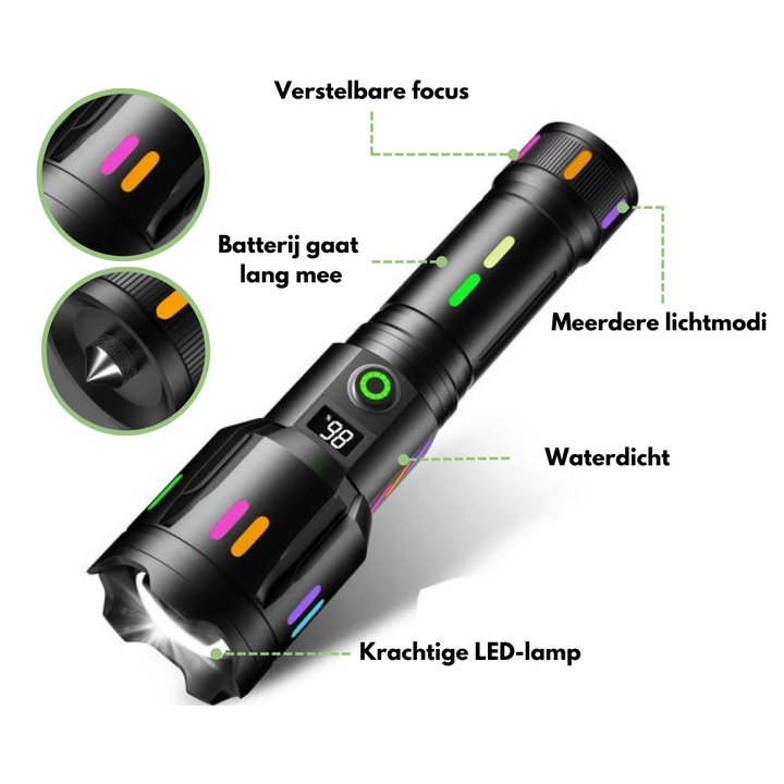 Linterna LED recargable con indicador de batería, rompevidrios y USB-C