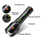 Linterna LED recargable con indicador de batería, rompevidrios y USB-C