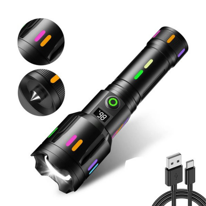 Linterna LED recargable con indicador de batería, rompevidrios y USB-C
