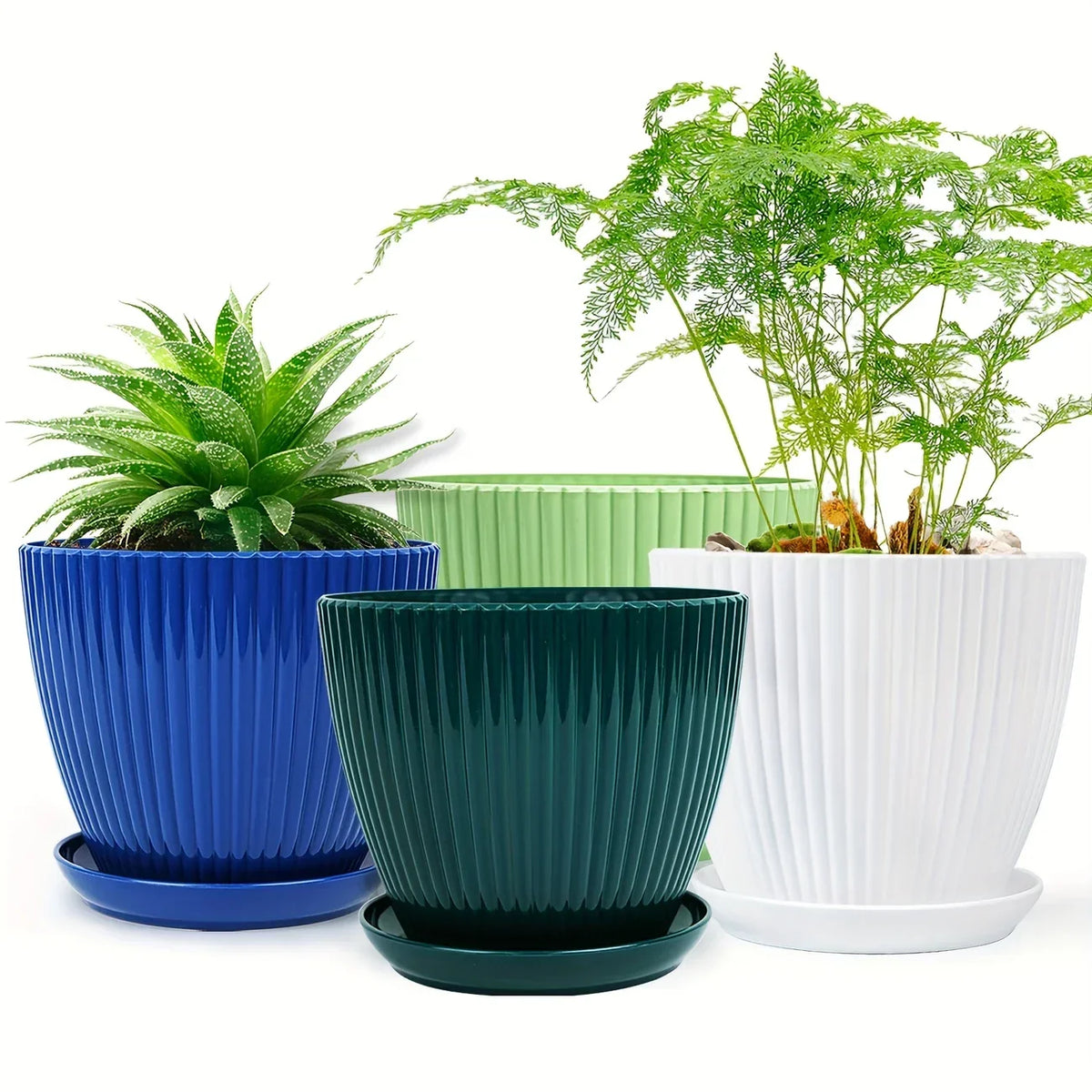 Maceta con estructura acanalada y plato – Maceta de plástico resistente para plantas