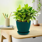 Maceta con estructura acanalada y plato – Maceta de plástico resistente para plantas