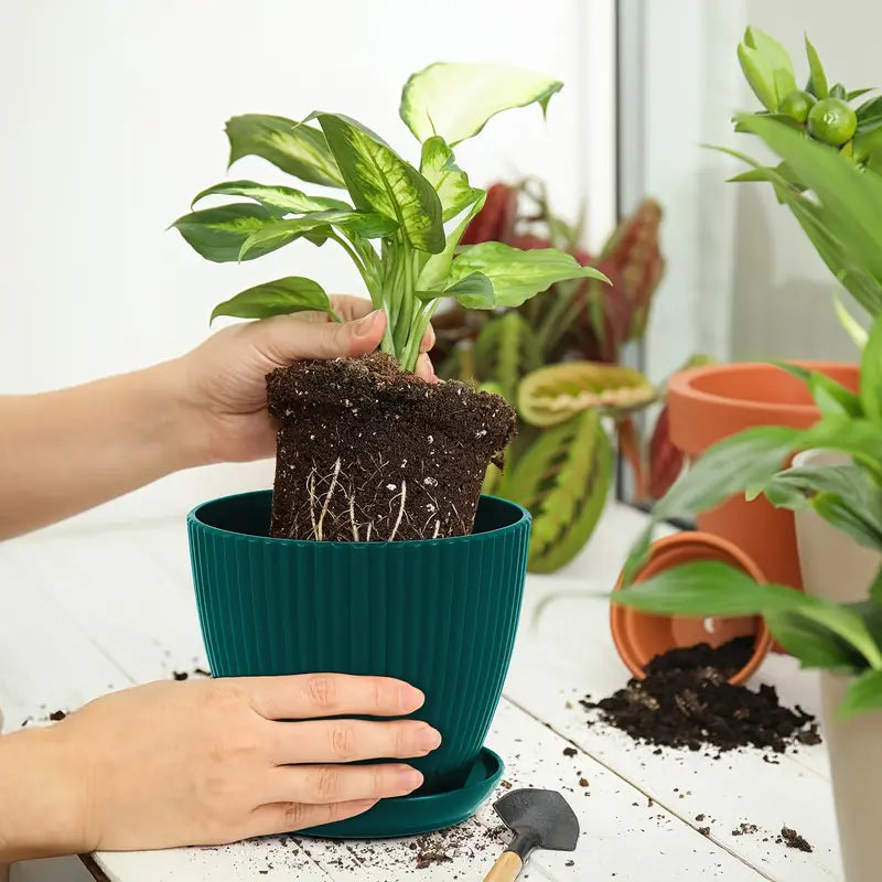 Maceta con estructura acanalada y plato – Maceta de plástico resistente para plantas