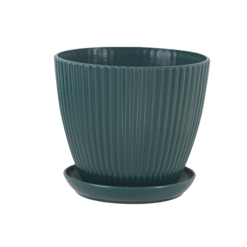 Maceta con estructura acanalada y plato – Maceta de plástico resistente para plantas